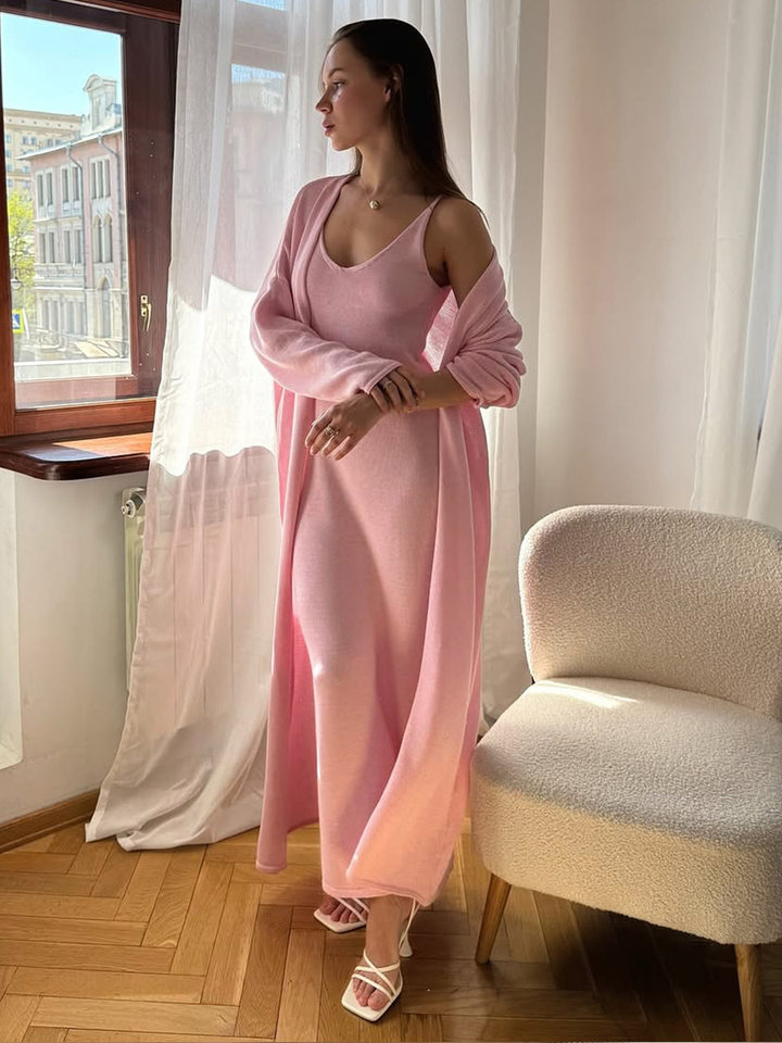 Bộ đầm dài kèm áo cardigan dệt kim dài tay nữ — Màu cà phê đậm, Màu hồng, Màu trắng, Màu xám chi tiết 64