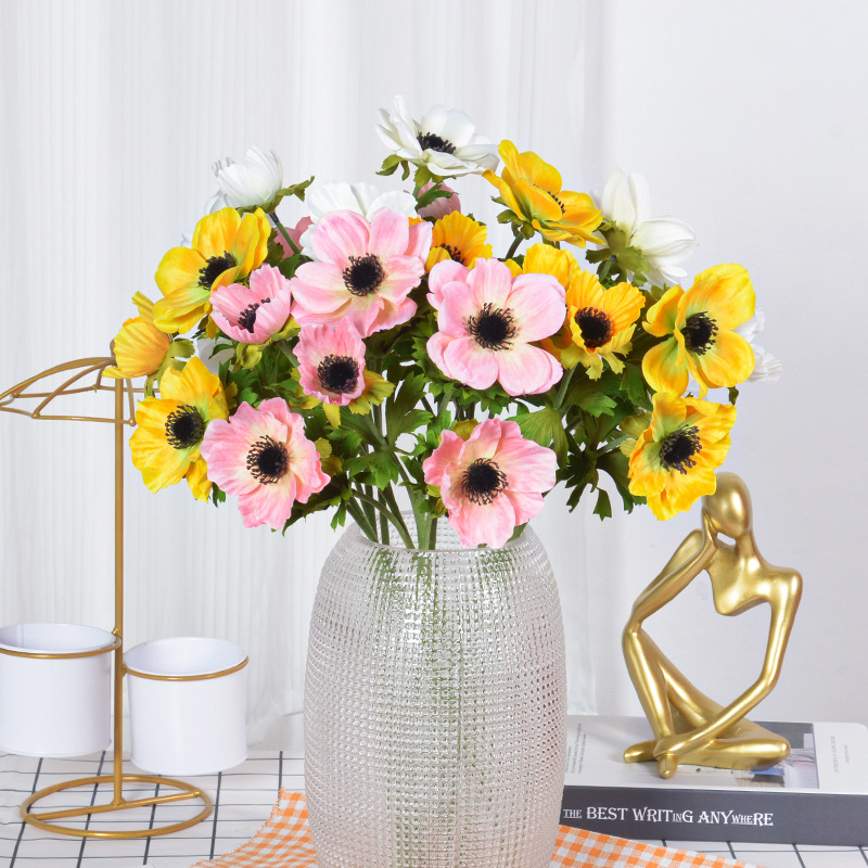 Simulated 3-Head Anemone, Wedding Simulation Flowers, Reception Hall Flower Path Guide Materials, Silk Flowers, Hotel Decoration Artificial Flowers