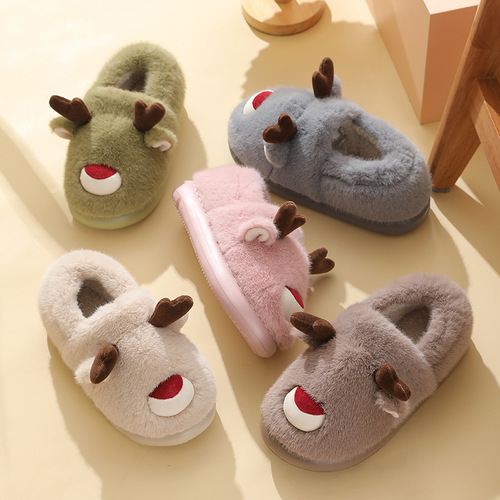 Elk cotton shoes autumn and winter home indoor anti-slip warm cartoon children parent-child cotton shoes Christmas couple bags and heels cotton shoes
