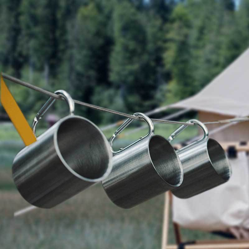 Picnic outdoor water cup Portable coffee cup Stainless steel double-layer carabiner cup Camping tea cup mug