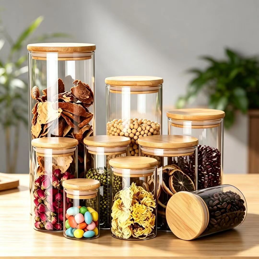 High Borosilicate Glass Sealed Jar with Bamboo Lid, Food-Grade Household Storage Jar for Candy and Grains, Wholesale Supply from Manufacturer
