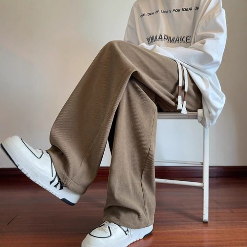 Men's Corduroy Pants for Autumn/Winter with Fleece Lining and Thickening, Trendy Brand American Heavyweight Casual Straight Leg Wide Leg Pants