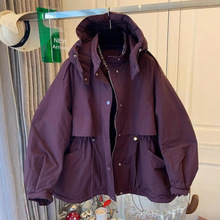 韩版连帽工装风衣外套女冬季新款宽松型夹聚酯纤维保暖休闲风冲锋