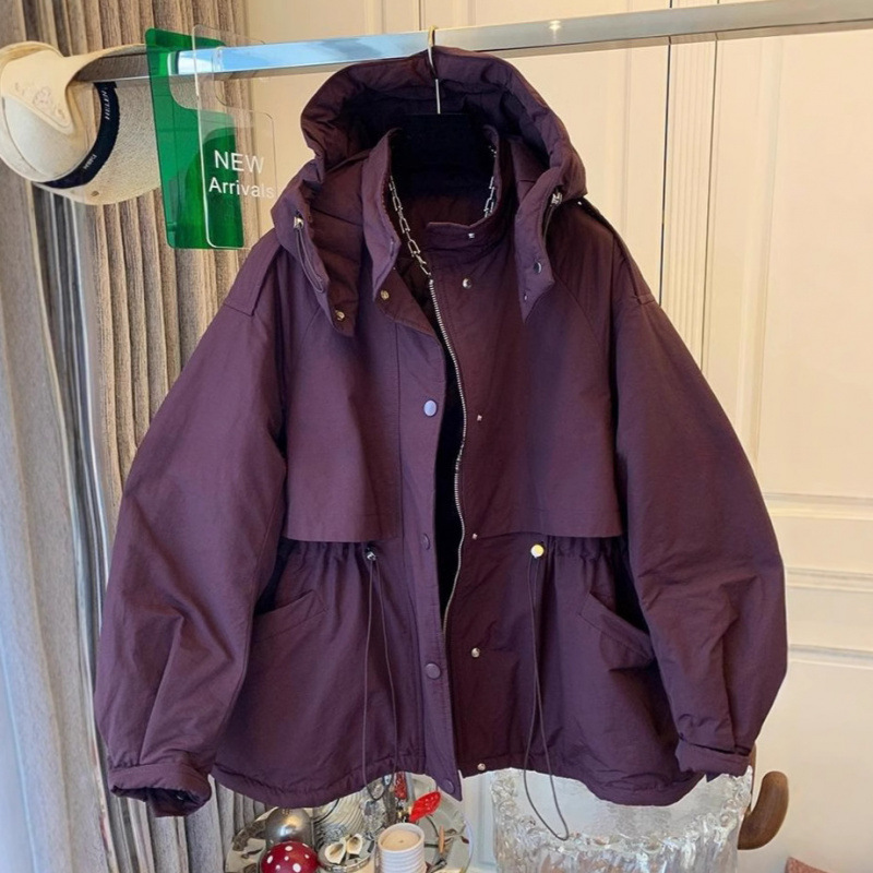 韩版连帽工装风衣外套女冬季新款宽松型夹聚酯纤维保暖休闲风冲锋