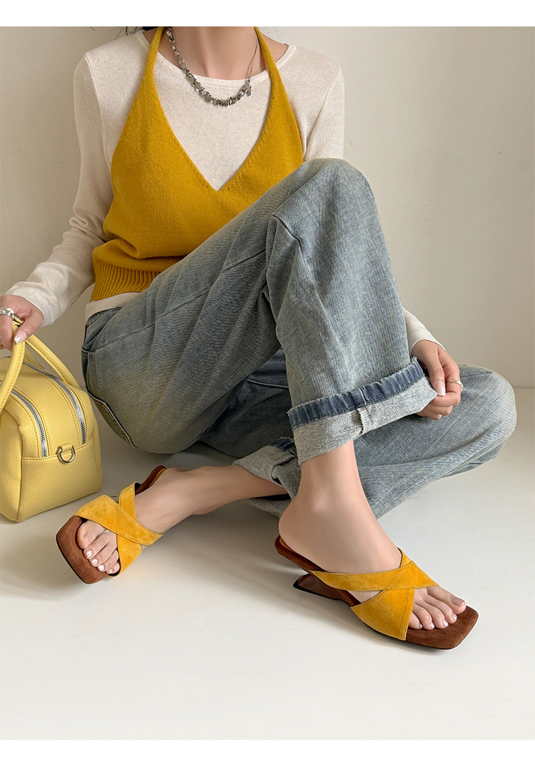 Sandal cao gót nữ quai chéo kiểu Pháp mũi vuông hở ngón, gót xuồng 7 cm — màu đen, Màu da báo, màu vàng, màu đỏ chi tiết 13