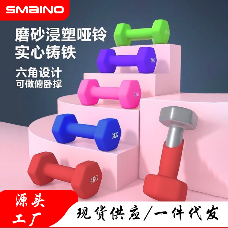Wholesale Plastic Dipped Dumbbells Hexagonal Smooth Frosted Men's and Women's Household Small Dumbbells Shaping Training Cast Iron Plastic Dipped Dumbbells