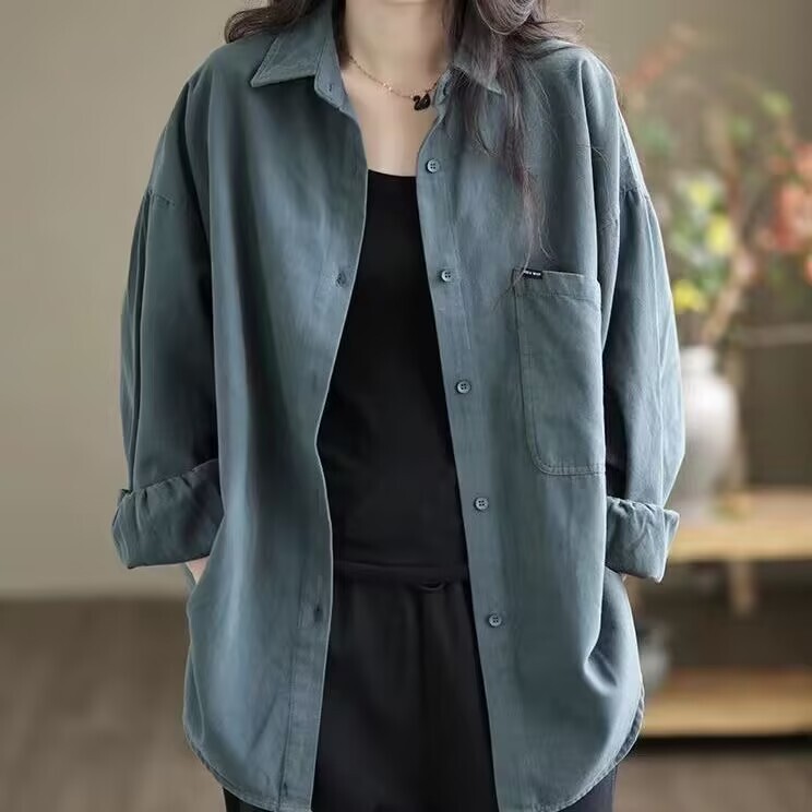 日系原单文艺复古2025秋季新款落肩袖外套女宽松显瘦翻领黑色衬衫|undefined