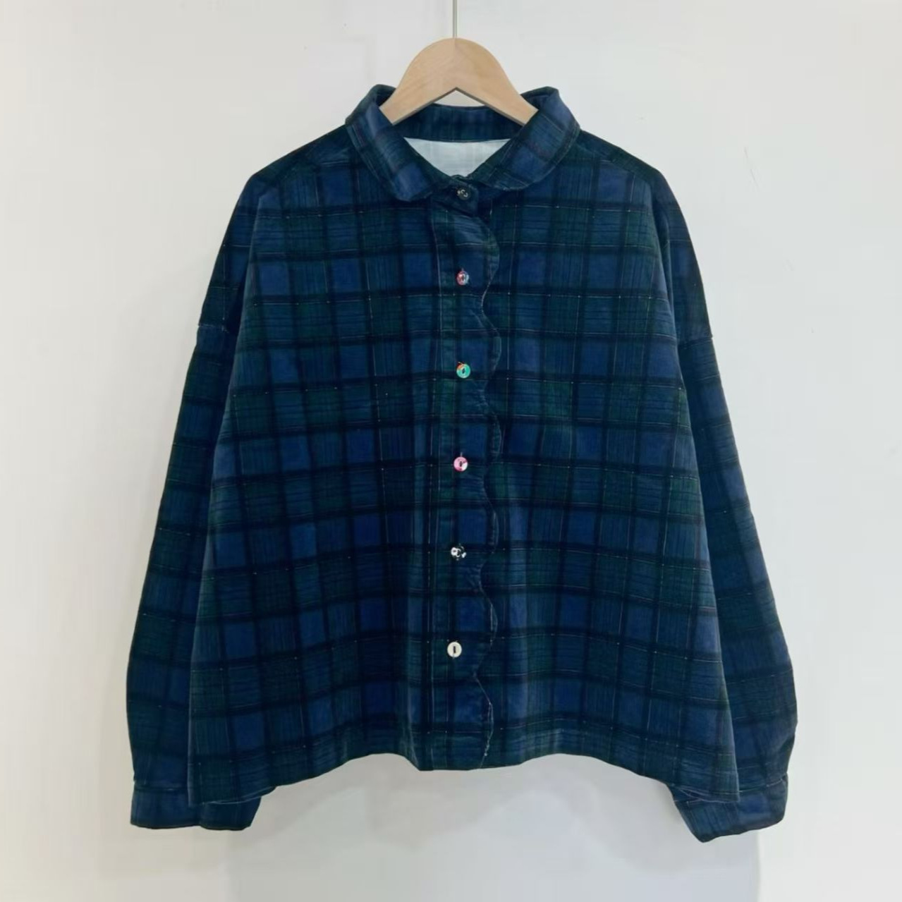 2025秋季新款女翻领日系棉衬衫宽松女装格子文艺风速卖通单排扣