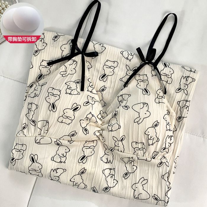 Pijamas transfronterizos mujer verano imitación algodón arrugado tela 150g con almohadilla para el pecho desmontable casual dulce y lindo vestido de longitud media