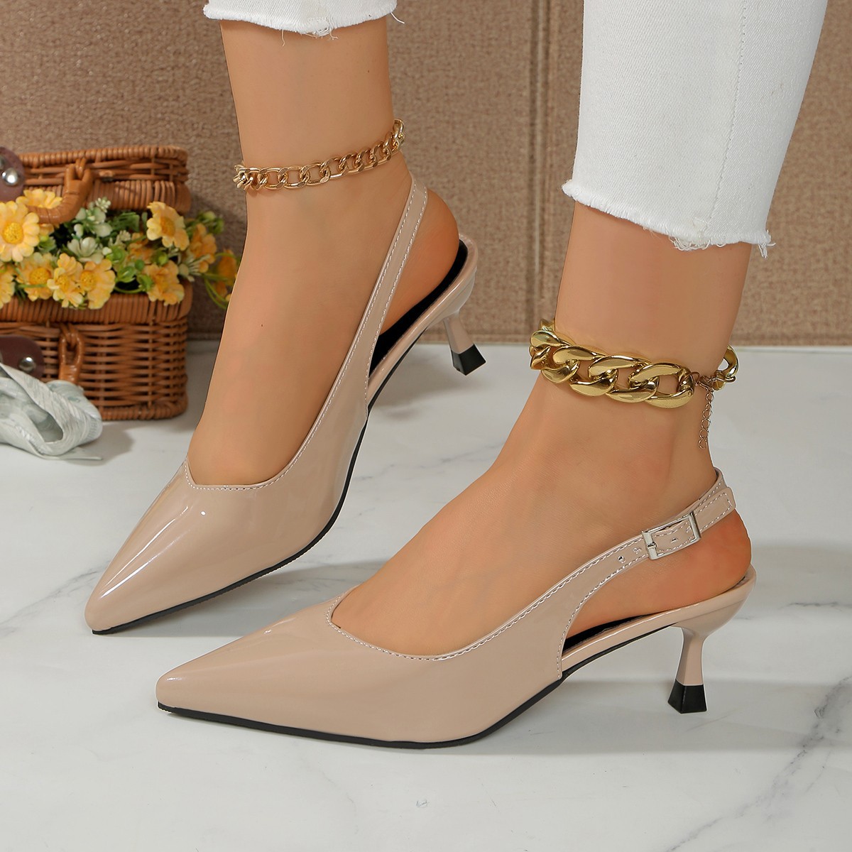 Sandalias de Tacón Alto con Punta Cerrada de Tela y Caucho, Tacón Fino, Punta Afilada, para Mujer, Verano image 12