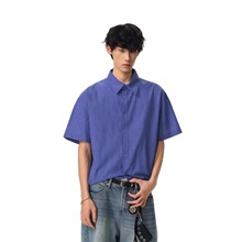 日系复古纯棉蓝格子衬衫短袖男女夏季慵懒感衬衣痞帅宽松T恤外套