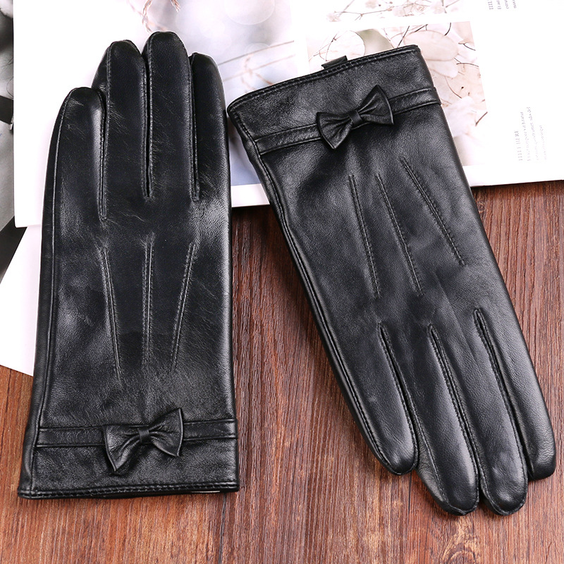 Guantes de piel de oveja de otoño e invierno para mujer forrados de lana engrosados deportes al aire libre guantes de pantalla táctil de arco de moda a prueba de frío cálido