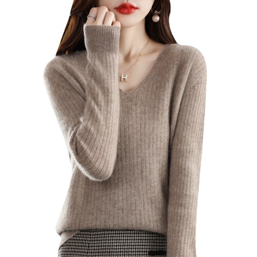  Autumn/Winter New Ribbed Base Shirt Women's Knitted Sweater V-Neck Pullover Long Sleeve Solid Color Inner Wear Top