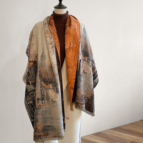 Autumn and winter Korean style high-end scarf castle oil painting style versatile warm shawl printed imitation cashmere scarf for women