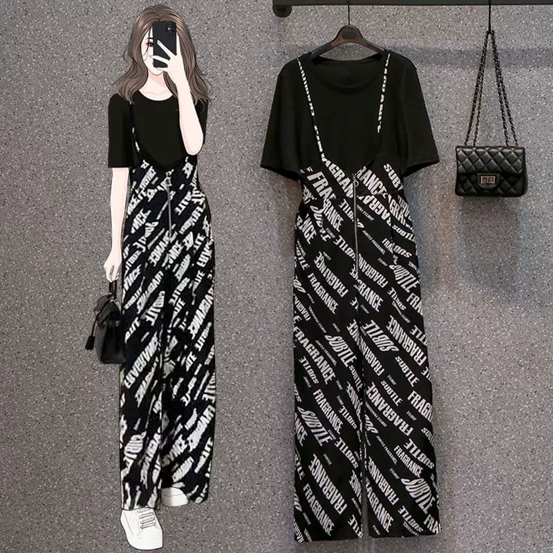 1004 # Летний модный модный комплект для женщин, футболка нового дизайна и утягивающий комбинезон, комплект из двух предметов.