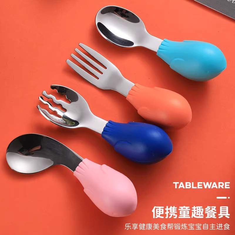 Baby Learning to Eat Training Spoon Stainless Steel Short Handle Fork Spoon Baby Food Supplement Spoon Fork Kidsren's Tableware Set