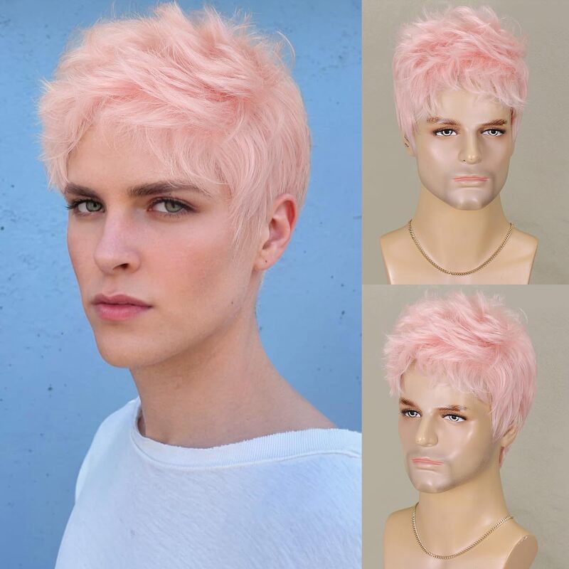 European and American Wigs for Men, Pink Short Hair, Full Headgear, Pixie Wigs, Same Style for Men and Women, Fashionable and Pretty Short Wigs European and American Wigs for Men, Pink Short Hair, Full Headgear, Pixie Wigs, Same Style for Men and Women, Fashionable and Pretty Short Wigs