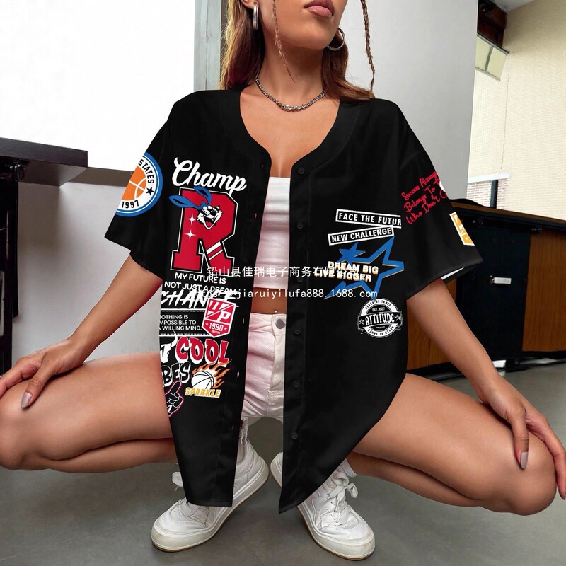 Street Style Women's Shirt 2026 Summer New Baseball Short Sleeve Shirt with Letter Print Fashion Trend