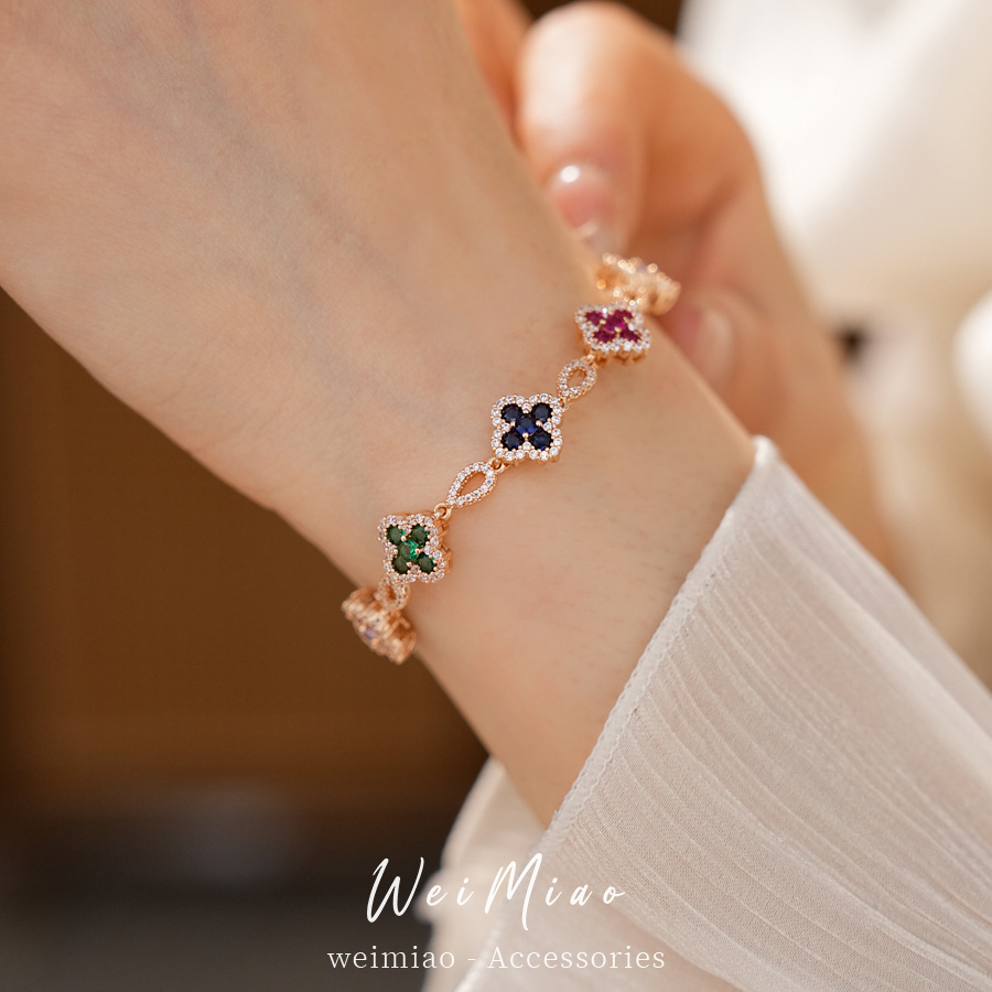 Medieval vintage color zircon flor de hierba de la suerte pulsera de hebilla pulsera lujosa pulsera de alta sensación joyas delicadas
