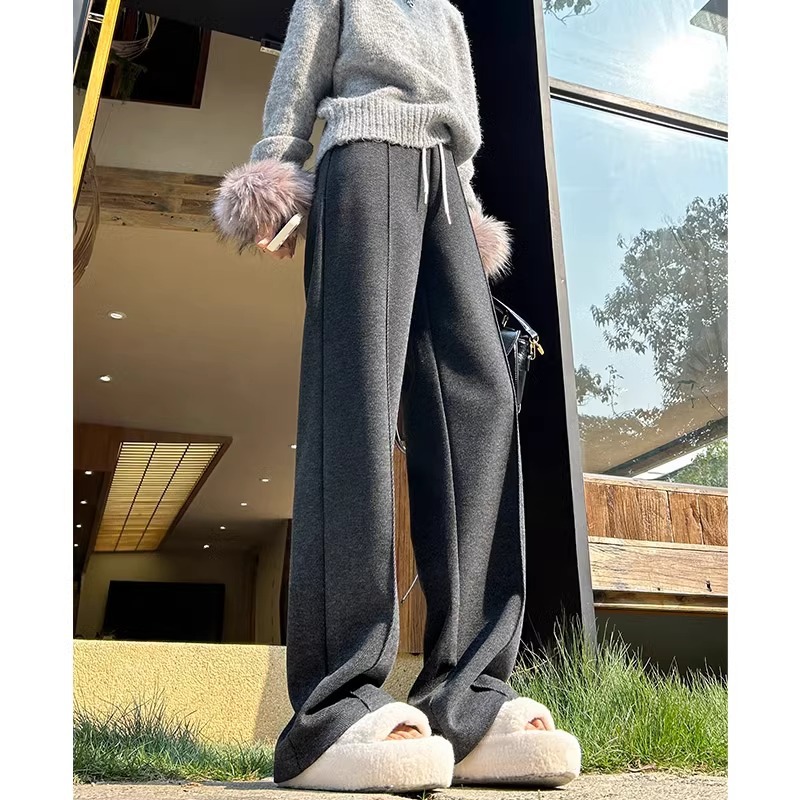 Pantalones de arroz pegajoso gris oscuro para mujeres de invierno y otoño 2024 pantalones de invierno de piernas anchas pantalones casuales relajados