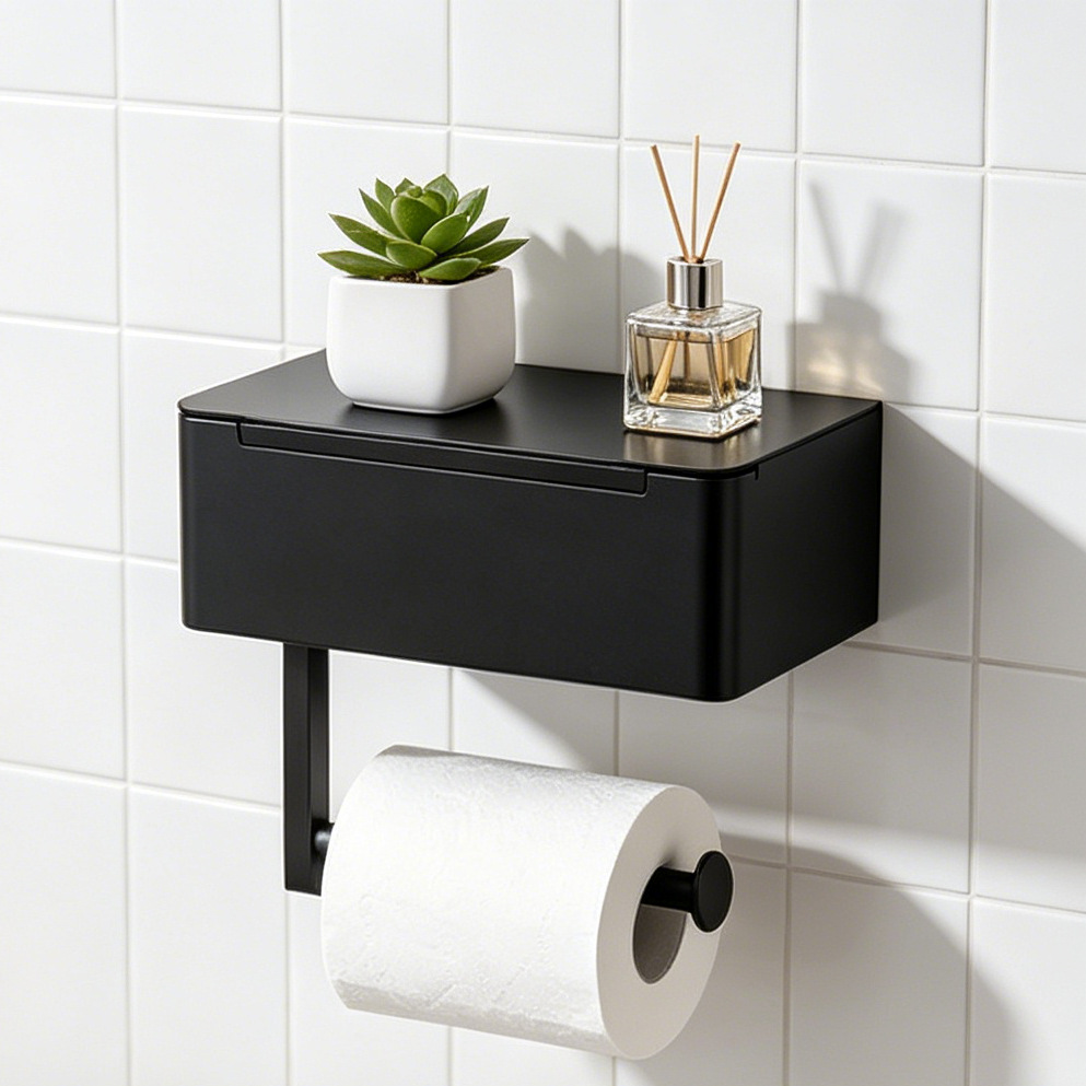 Bathroom Hotel Project Paper Towel Holder Black Stainless Steel Strong Adhesive No-Drill Wall-Mounted Toilet Paper Holder
