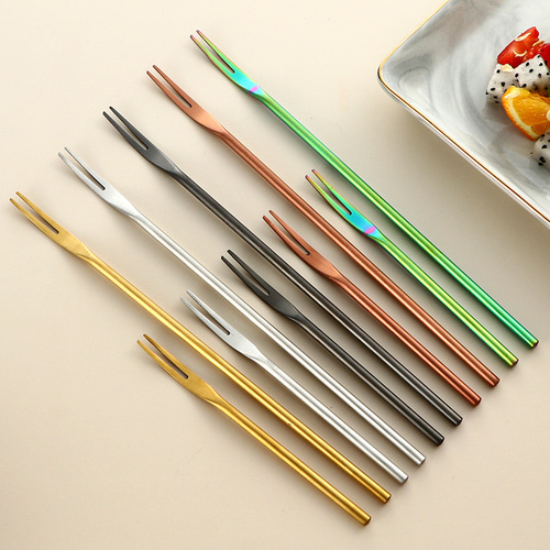 Creative Japanese style 304 stainless steel sanded solid fruit fork with long handle, round handle, mooncake dessert cake, 2-tooth fruit pick
