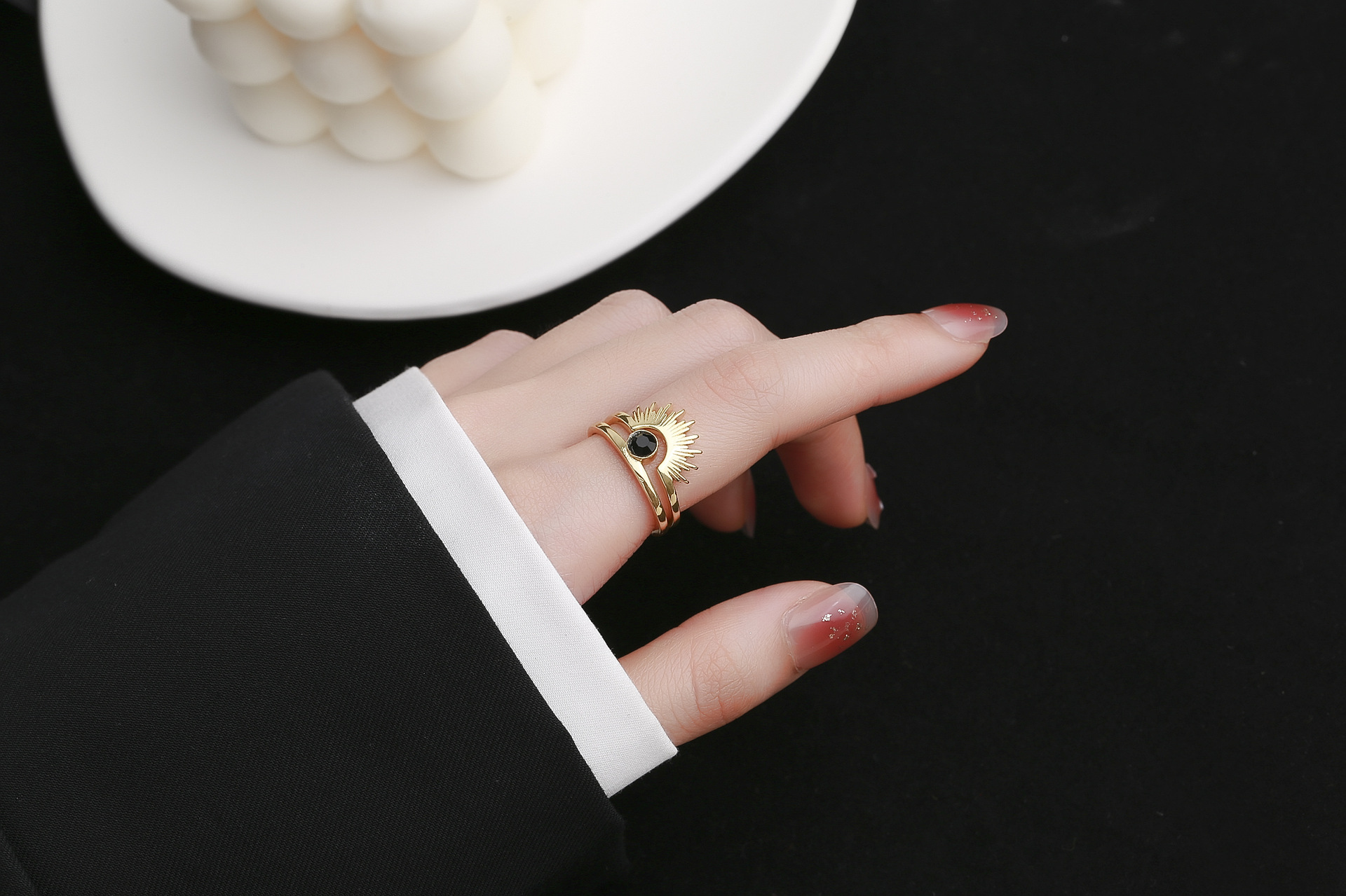 Fashion Sun Copper Plating Inlay Crystal Open Ring 2 Pieces