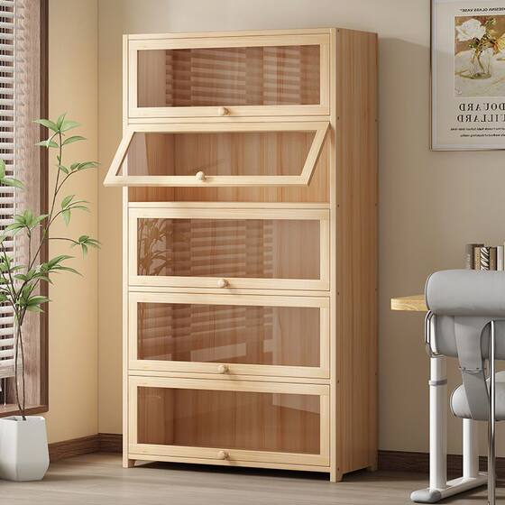 Children's Solid Wood Paint-free Bookcase Modern Dust-proof Bookshelf Floor-standing Glass Door Transparent Display Cabinet Living Room Storage Shelf