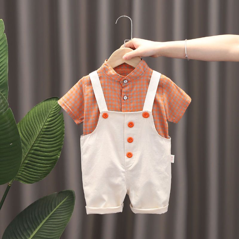 Summer new boys' and girls' plaid T-shirt suit casual cotton boys' and girls' short-sleeved shirt + shorts two-piece set