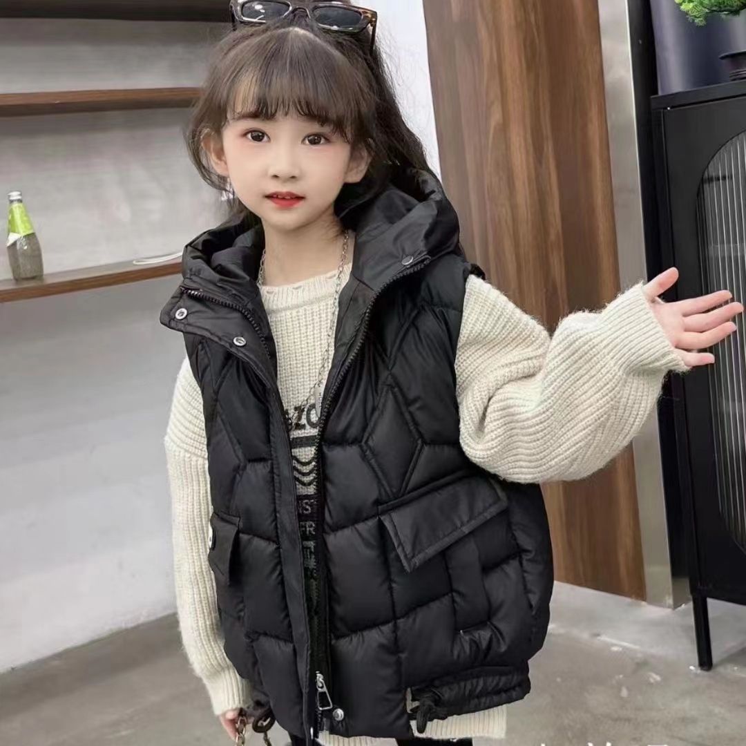 女童冬季棉服马甲2025新款洋气连帽保暖时尚女孩百搭儿童坎肩外套
