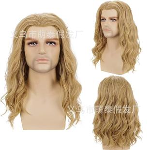 2025 Export Wig Men's Linen Gold Medium Long Hair Corn Silk Long Curly Wig Halloween Cosplay Hair
