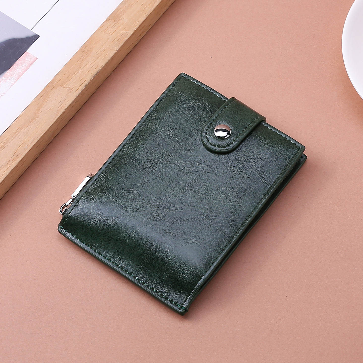 Cartera de cuero suave transfronteriza, cartera de cuero de caballo loco, cartera de dinero retrógrado, cartera de cambio horizontal con botón, cartera de pick-up suave