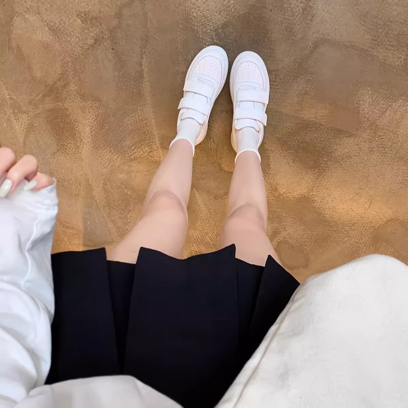 牛皮版~葡萄妈同款圆头透气真皮松糕厚底魔术贴增高小白鞋女板鞋|undefined