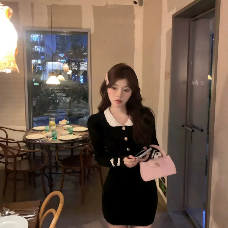 Lamdv 圣诞新年小香风蝴蝶结针织连衣裙内搭女秋冬修身包臀短裙|undefined
