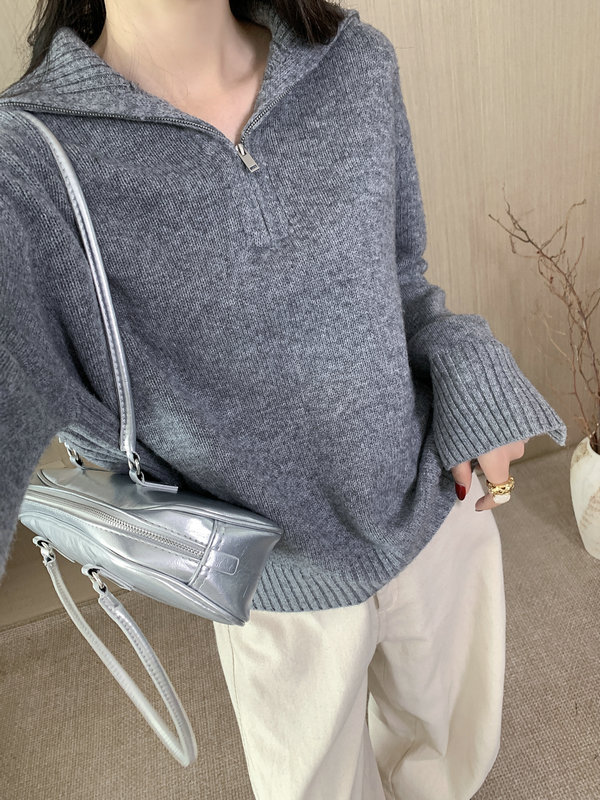2025秋冬新款女半拉链翻领羊毛衫毛衣慵懒风简约宽松长袖针织衫|undefined