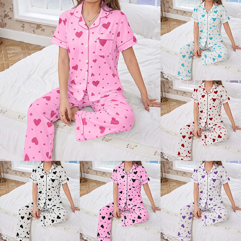 European and American cross-border best-selling heart-pattern cardigan with lapel and buttons, women's pajama set, short-sleeved long pants loungewear two-piece set European and American cross-border best-selling heart-pattern cardigan with lapel and buttons, women's pajama set, short-sleeved long pants loungewear two-piece set