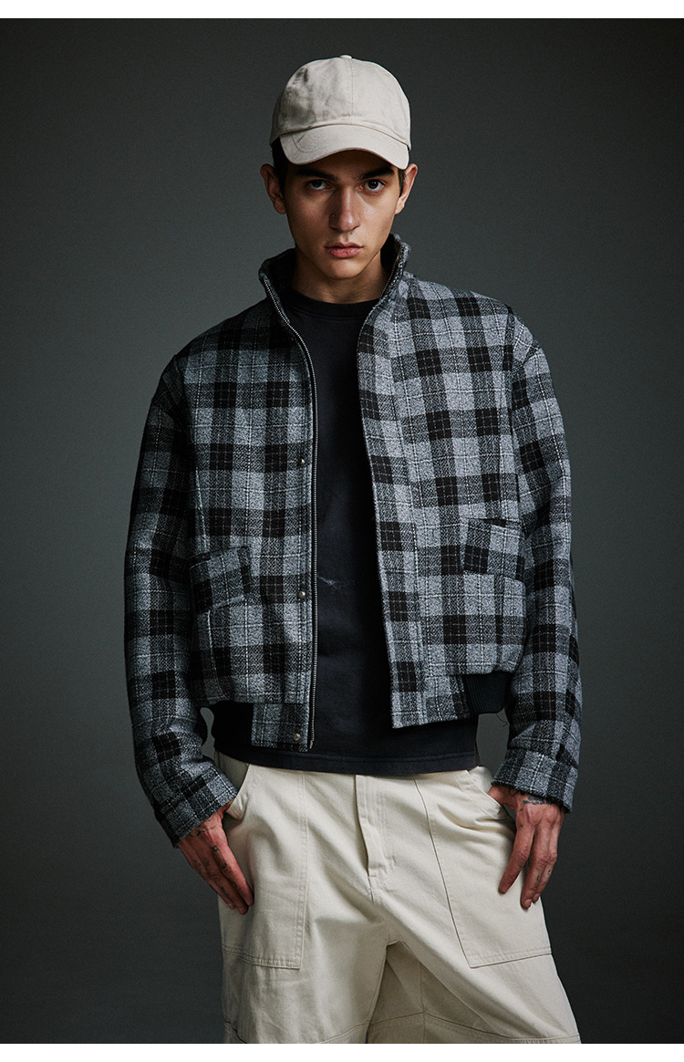Men's Clothing Retro Stand Collar Plaid Woolen Coat Vintage Design Cotton Coat_voghion.com