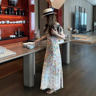 Designed Stereo Lotus Leaf Smart Floral Dress V-Neck Revealing Slim Collarbone Stereo Waist Long Skirt
