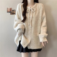 韩系温柔风彩点系带软糯毛衣外套女秋冬新款宽松慵懒针织开衫上衣