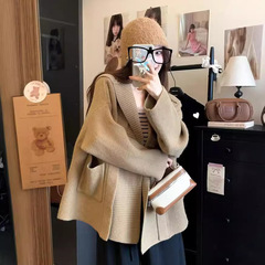 韩系慵懒连帽口袋毛衣女外套秋冬新款跨境宽松厚大码外贸针织开衫