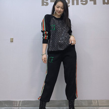 外贸女装套装 卫衣女款潮牌 大码欧货重工烫钻针织衫女秋装两件套