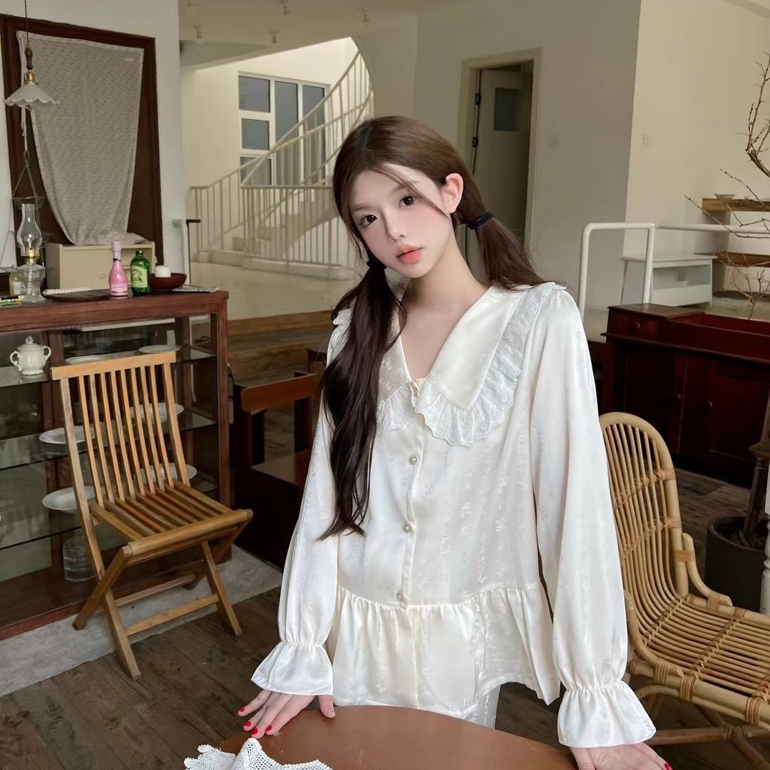 [밀크젤리 한 입] 2024 년 가을 새 연꽃 칼라 긴팔 자카드 아이스 실크 파자마 달콤한 그물 유명 홈 의류