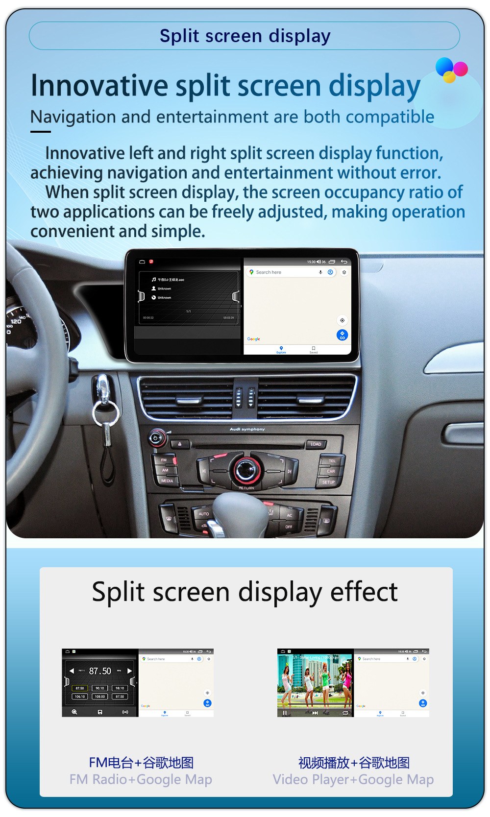 Suitable for 09-16 Audi A4L/A5 10.25inch Android 4g Navigation 360 Panoramic Wireless Carplay Integrated