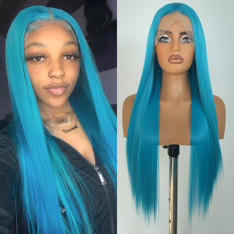 Peacock Blue Anime Cosplay Synthetic Fiber Hand-Crocheted 13*4 Front Lace Gemstone Green Full Wig Headgear Manufacturer Wholesale