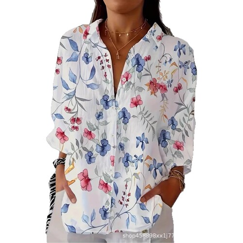 European and American fashionable bright color floral print casual vacation long-sleeved shirt tropical flowers