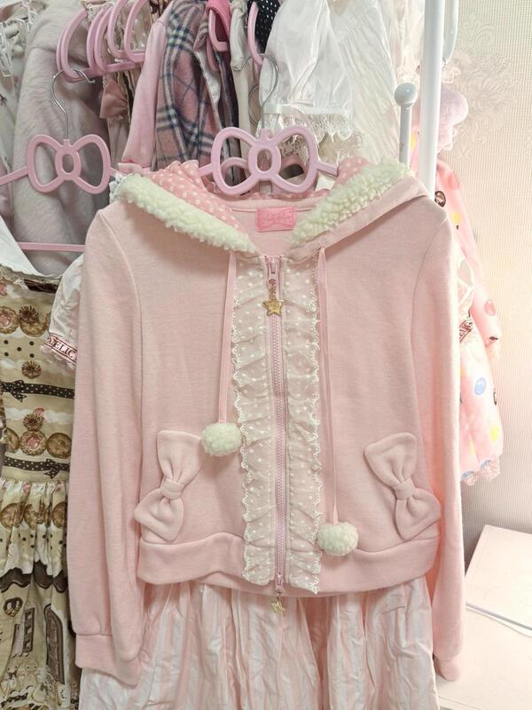 Japanese-Style Sweet Pink Plush Collar Hooded Polka Dot Pom-Pom Drawstring Cardigan with Zipper and Lace Patchwork Bowknot Jacket Japanese-Style Sweet Pink Plush Collar Hooded Polka Dot Pom-Pom Drawstring Cardigan with Zipper and Lace Patchwork Bowknot Jacket