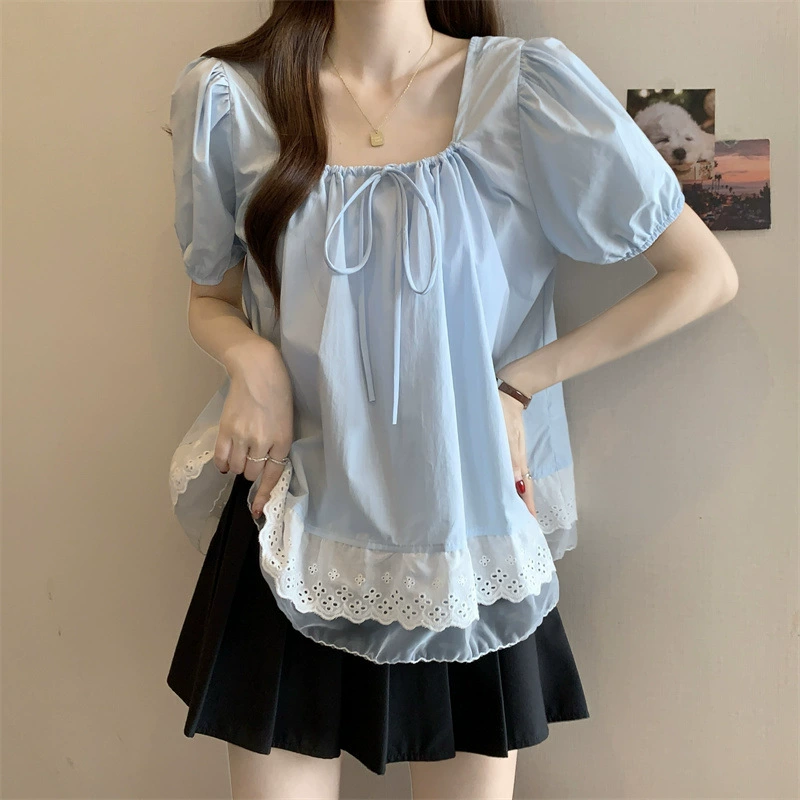 Реальная съемка ~ большой размер корейская сладкая квадратный воротник ruffled lace свободный облегающий короткий рукав рубашка топ для женщин