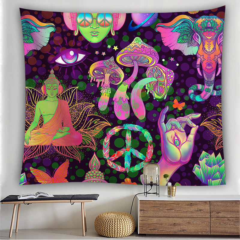 跨境外贸DIY新款印度佛像宗教民族风七彩迷幻森林植物背景挂毯