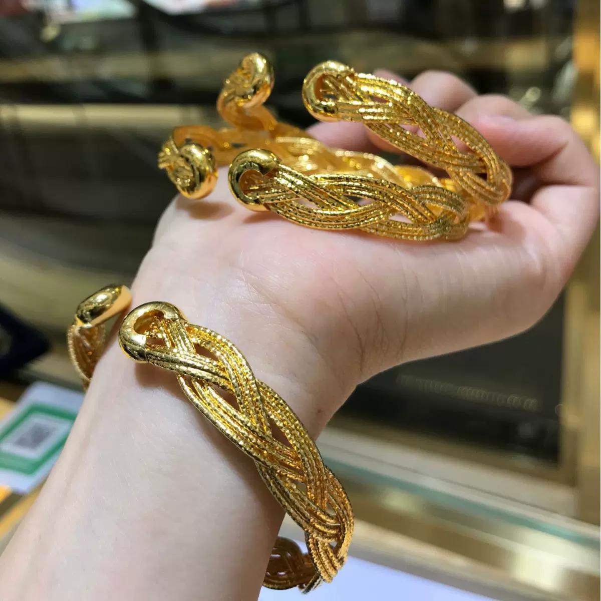 18k金麻花编织手镯au750  黄金不脱模纹花丝手环爆闪首饰水贝黄金