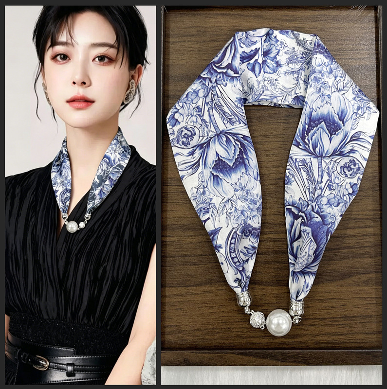 Magnetic Buckle Silk Scarf for Women, New Style Pearl Necklace Scarf, Versatile and Fashionable for Spring and Summer, Long Ribbon Decorative Scarf Magnetic Buckle Silk Scarf for Women, New Style Pearl Necklace Scarf, Versatile and Fashionable for Spring and Summer, Long Ribbon Decorative Scarf